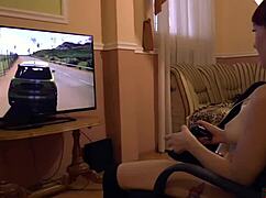 Crazy driver on ps4 with girlfriend toys orgasm
