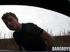 young guy tempted by cash starts bareback ass fucking outdoors.