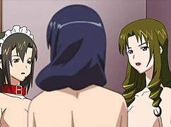 Detailed hentai anime scene featuring a trio of characters in explicit sexual acts