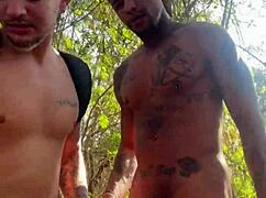 Big black hetero guy walks behind school, meets thirsty young guy for ass fucking.