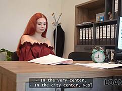 Loan4k redhead whore with big tits jumps on dick in office