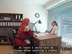 Loan4k redhead whore with big tits jumps on dick in office
