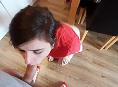 young wife he gives blowjob to his neighbor and takes the cum on her face