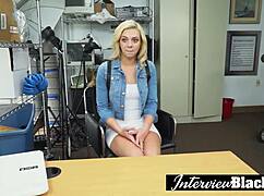 Petite Blonde Teen Sucks and Fucks Huge Black Cocks in Her Tight Mouth