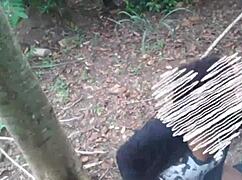 Milf couple fucks outdoors in forest