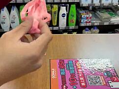 asian ladyboy showing new thong in convenience store