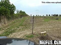 Stranded teen Beatrix Glower gets picked up and banged hard in a car.