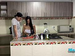 Latina Couple's Passionate Kitchen Sex with Cumshot