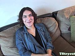 I interviewed this transsexual and she jerked off on the couch for me