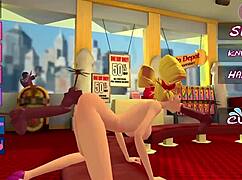 Naughty blonde has fun with many dildos 3d animation