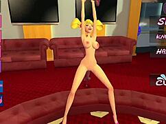 Naughty blonde has fun with many dildos 3d animation