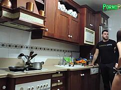 European Couple and Busty Brunette Relax by Kitchen Stoves