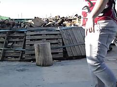 fucking on a log outdoors, this horny couple couldn't wait. their public display turned heads with raw passion.