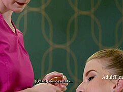 The lesbian masseuse with small waist licks and massages the babe's tits during cunilingus.