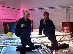 horny blonde girls fucking together with a handsome worker, pure desire