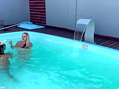 Aunt and niece get surprised by two friends at the pool for bisexual interracial encounter