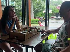 Teen couple bent over for cum on face walk