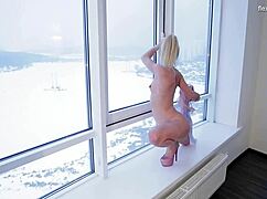 Sexy high-heels blonde gymnast Mischele Lomar shows off flexible naked moves