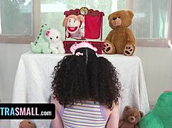 petite cutie with pigtails rides big cock, stretching hairy pussy in fishnets