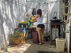 Beautiful Stepdaughter's Ass While Washing Clothes