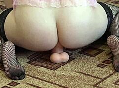 anal masturbation with a big rubber dick brunette in stockings fucks a juicy butt