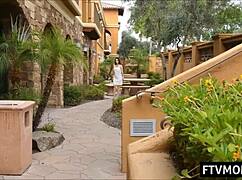 Milf rubs pussy publicly while flashing panties