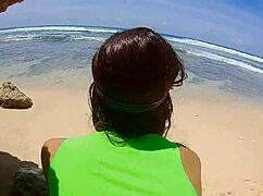 Amateur couple has passionate sex on a paradise beach, screaming with pleasure. Small tits bounce under the sun.