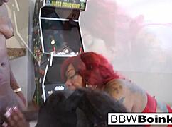 bbw babes take turns handling big black cock with care.