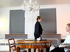 Mature tutor in stockings gets bent over for doggystyle sex.