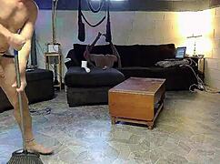 horny gay nudist barefoot cleans dirty house using anal toys for masturbation