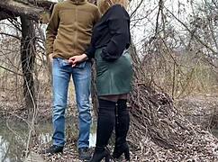 Squeezing My Stepmother-in-Law's Fat Ass in Leather Skirt. Helping Me Pee Outside!