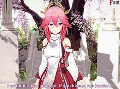 Yae Miko Sucking Hard in Genshin Impact Full Fantasy 3D Anime Scene.