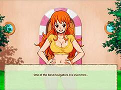 Oh wow, Nami exposes her huge tits in lusty buccaneers parody hentai at night!