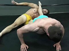 In the ring, two muscular GAY fighters engage in an erotic struggle, where one DOMINATES the other with powerful holds and submissions.