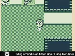 Riding around in an office chair firing twin-stick style at work.