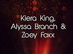 Kiera King, Alyssa Branch, and Zoey Foxx engage in detailed lesbian dildo fucking with toys and dirty talk