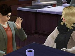 Coffee with a friend in the bathroom scene.