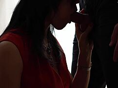 I deepthroat my hot wife in red dress for friend, sucking till he cums in mouth