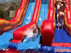 Outdoor lesbian gangbang toying pussy and ass hard