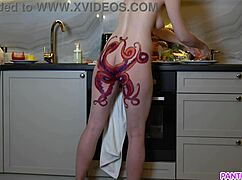 naked milf with octopus ass tattoo cooks dinner and ignores your stares
