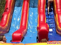 Outdoor lesbian gangbang toying pussy and ass hard