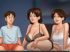 Summertime saga threesome: step-sis and horny milf in group fucking