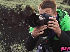 Nasty photographer fucks petite blonde model doggystyle outdoors.