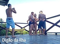 Fucking the curvy redhead's fat ass on the outdoor balcony with blowjob and beautiful amateurs