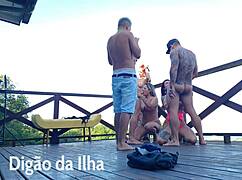 Fucking the curvy redhead's fat ass on the outdoor balcony with blowjob and beautiful amateurs