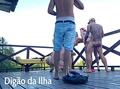 Fucking the curvy redhead's fat ass on the outdoor balcony with blowjob and beautiful amateurs