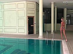 Mary Kalisy Sexy Self-Touching in Shower, Groping Blonde Milf Body Underwater by Pool. Bikini Slips Off in Bath.