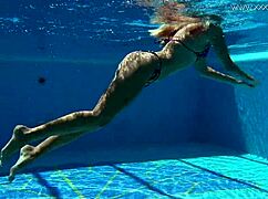 Mary Kalisy Sexy Self-Touching in Shower, Groping Blonde Milf Body Underwater by Pool. Bikini Slips Off in Bath.