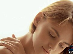 Petite teen model with shaved ass and small tits rips clothes to show everything.