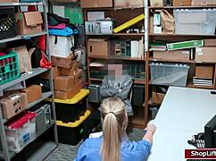 In the shop, the LP officer kneels and sucks the shoplifter's monster cock while on duty